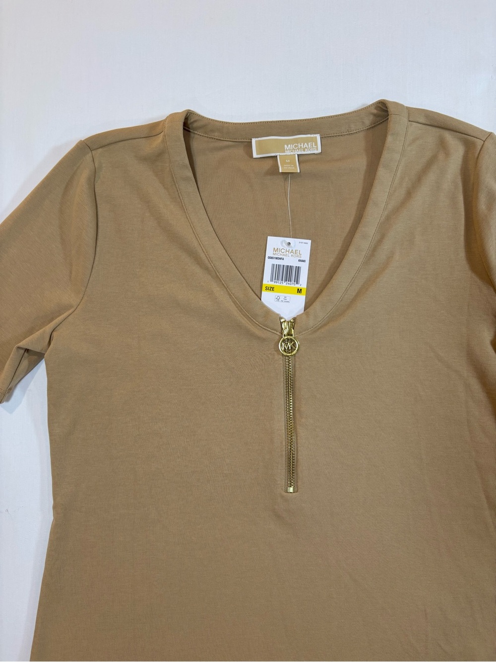 Michael Kors - Tan/brown Short-Sleeve V-Neck Top with Gold Zip
